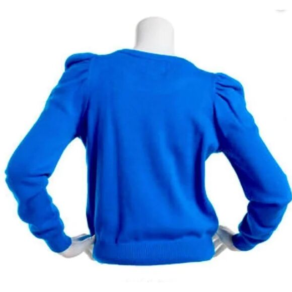 Pink Rose Puff Sleeve & Ribbed Hem Crew Neck Sweater Blue Size S - Picture 2 of 6